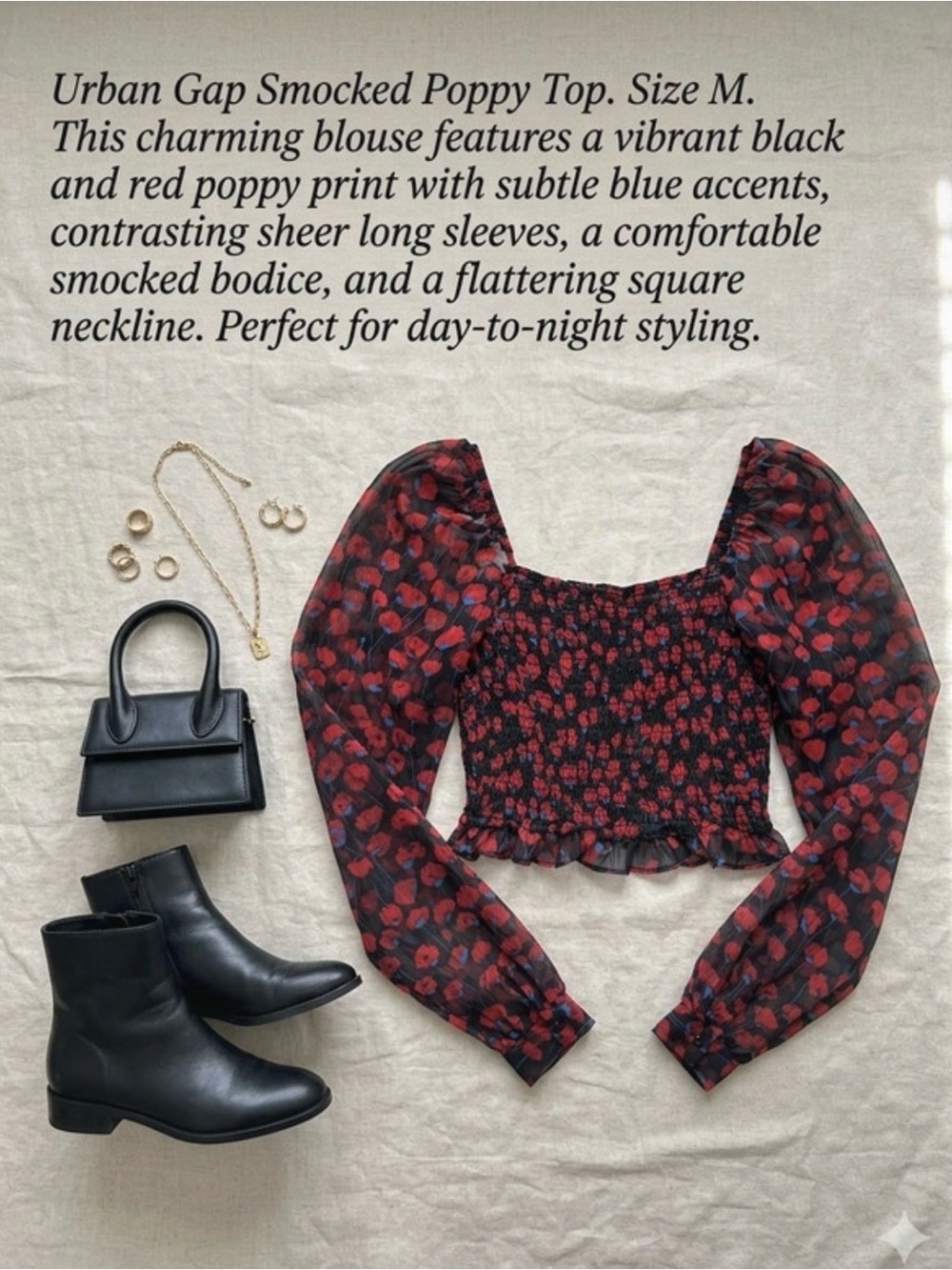 GAP Black Smocked Blouse with Red Poppy Print and Blue Accents